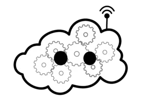 Medium sized cloud robot doodle filled with gears, adorned with an antenna, looking at you. Black and transparent doodle.