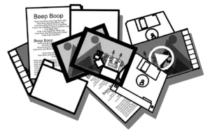 Doodle of various files. Videos, images, folders, office documents. In black and white doodle style. The top of the pile is a doodle of a vacation style photo featuring one of our robot doodles.