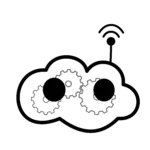 Tiny cloud robot doodle filled with gears, adorned with an antenna, looking at you. Black and transparent doodle.