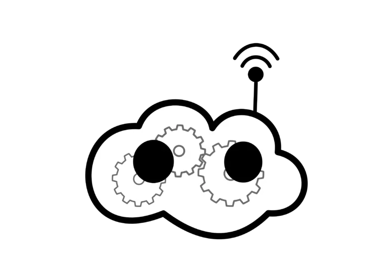Tiny cloud robot doodle filled with gears, adorned with an antenna, looking at you. Black and transparent doodle.