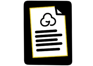 GoodOffice logo. A vertical rectangle with a white piece of paper that has an earmark, a GoodCloud cloud logo and lines indicating text. The paper is outlined with yellow.